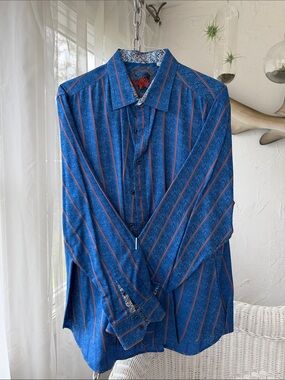 Robert Graham Blue Button-Down with Red Stripe Accents